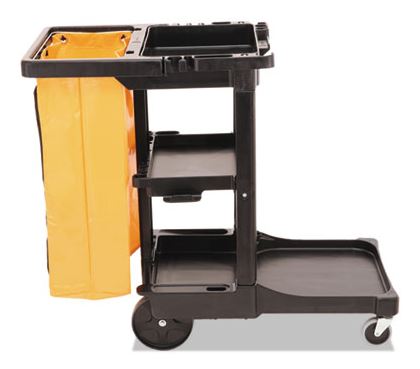 CART JANITOR 3SHELF W/TRASH CONTAINER RUBBERMAID BLACK - Janitorial Carts & Caddies